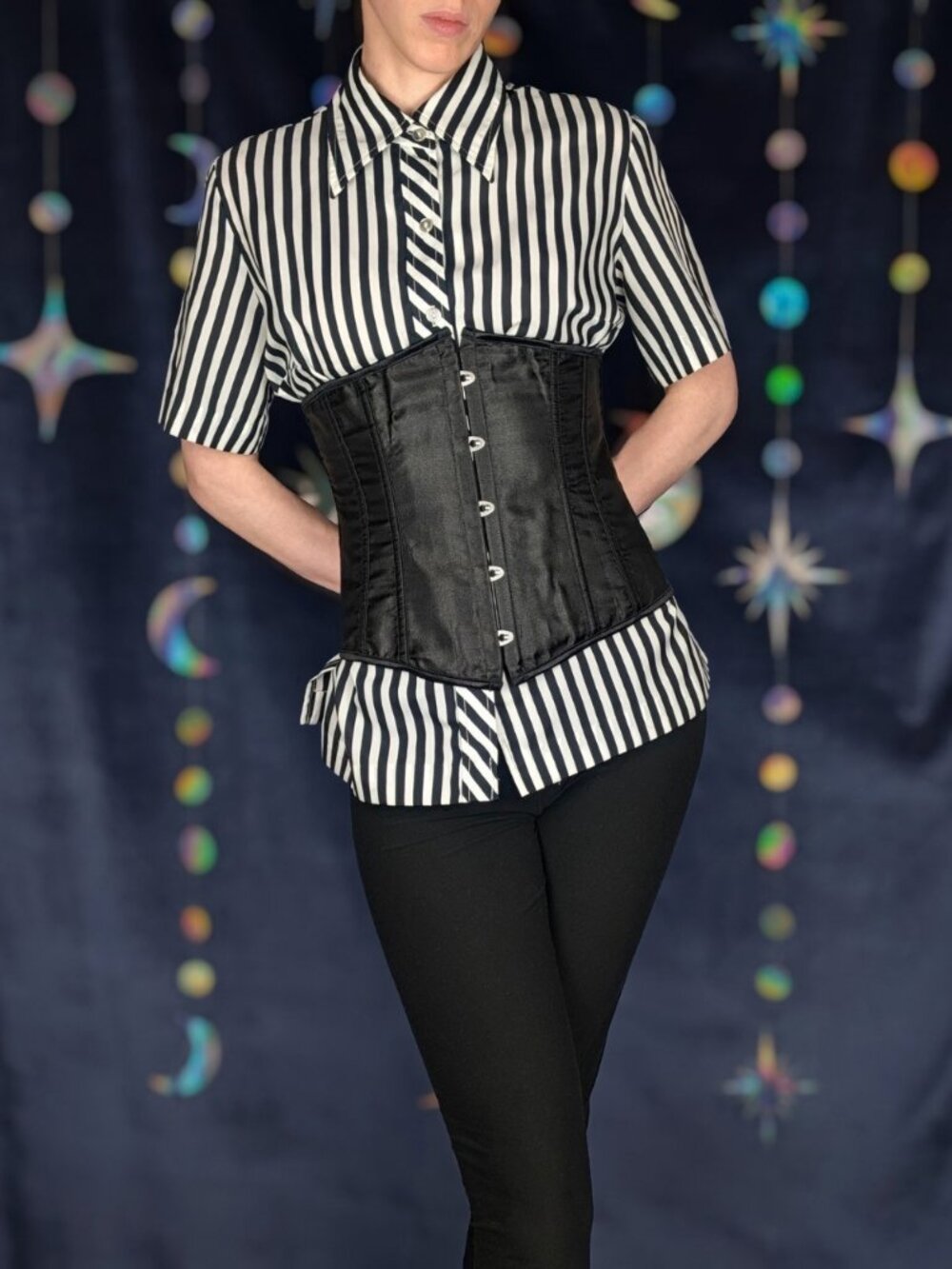 Vintage Black & White Striped Blouse | Halloween Pinup Beetlejuice Alt Goth